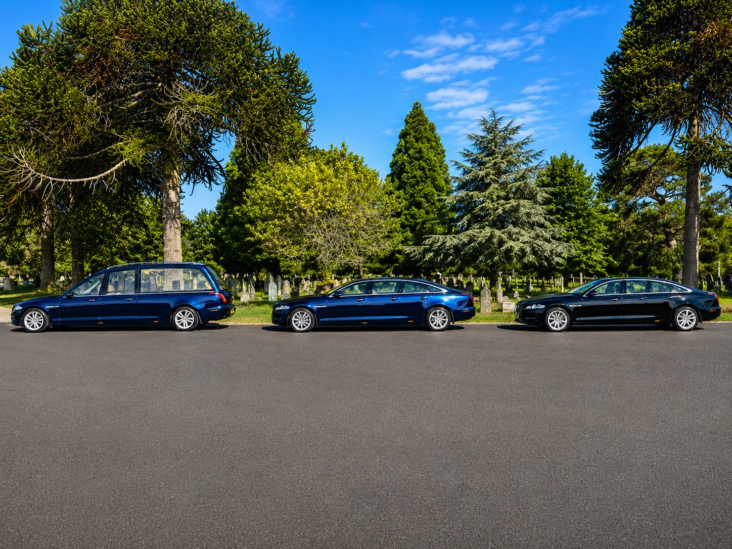 The George Scott Jaguar XJ fleet — hearse and matching limousines lined up